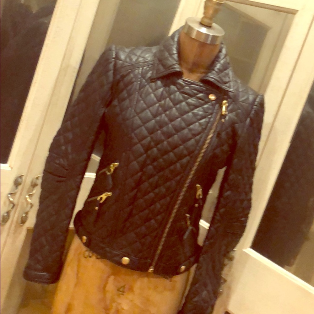 RIZAL Black Leather quilted jacket gold details